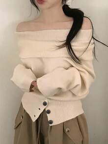 Women's Off-Shoulder Sweater, New Autumn/Winter Niche French Design, Soft And Comfortable Pullover Knit Top - Apricot - View 3