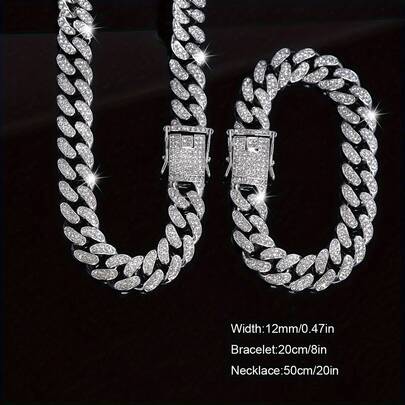 kuuioe 1pc European-American Hiphop Style Full Diamond Encrusted Chain Necklace/Hand Bracelet, 20-60CM