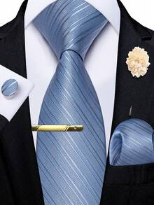 5Pcs Men Dusty Blue Striped Tie Pocket Square Cufflinks Boutonniere Tie Clip Set, Random Cufflink Pattern, Suit Accessories For Wedding - Dusty Blue - View 1