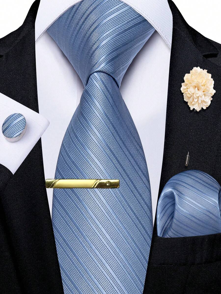 5Pcs Men Dusty Blue Striped Tie Pocket Square Cufflinks Boutonniere Tie Clip Set, Random Cufflink Pattern, Suit Accessories For Wedding - Dusty Blue - View 1