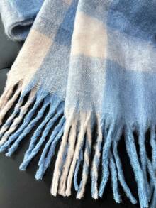 1pc Plaid Warm Decorative Tassel Scarf Suitable For Daily Use - Blue Rice Grid - View 3
