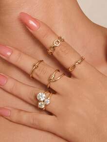 5pcs Gold Ring Set, Stackable Knotted Hollow Chain Rhinestone Rings, Versatile Jewelry For Women - Gold - View 1