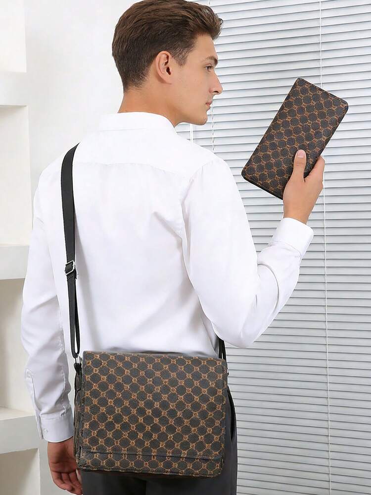 HOVI'S Men's 2-Piece Monogram Crossbody Bag Set - Vintage Textured Faux Leather Messenger Bag With Adjustable Strap + Zipper Wallet, Large Capacity - Brown - View 1