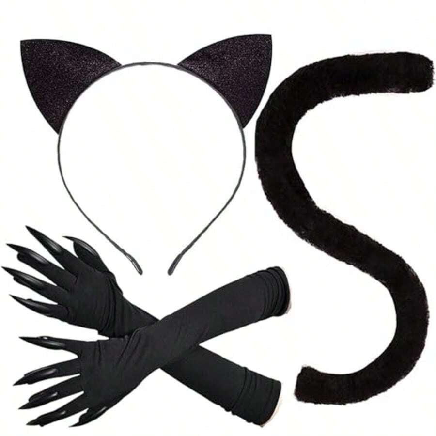 3pcs Cat Ear & Tail Gloves - Black Cat Costume Accessories, Suitable For Women - Halloween Cosplay Adult Props - Multicolor - View 1
