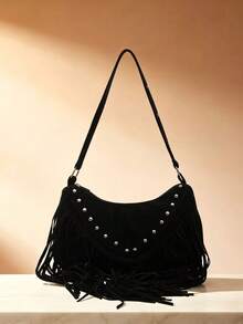 Tassel Shoulder Bag, Fashion Crossbody Women's Bag, Rivet Decor Personalized Vacation Style Versatile Bag - Black - View 2