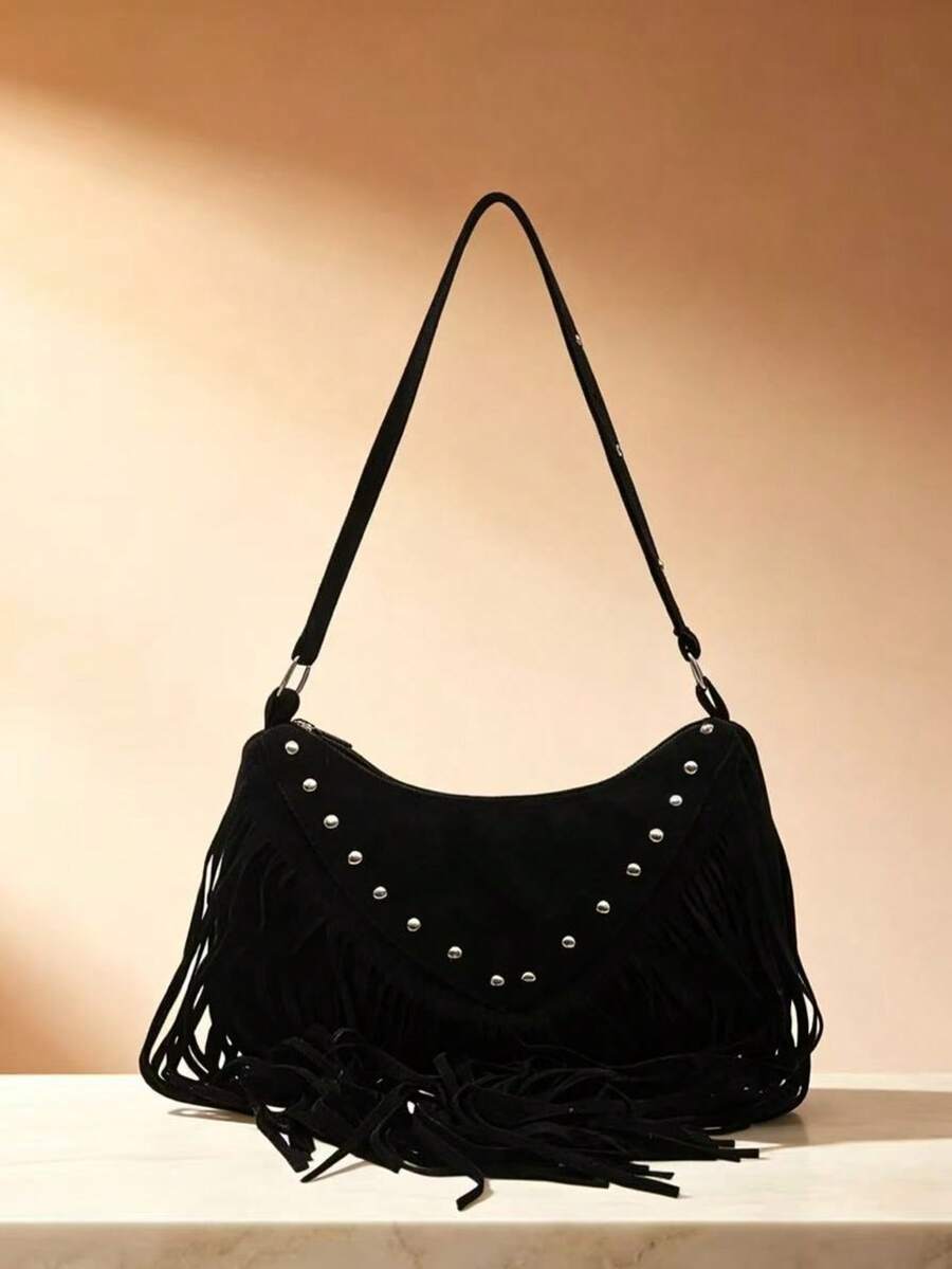 Tassel Shoulder Bag, Fashion Crossbody Women's Bag, Rivet Decor Personalized Vacation Style Versatile Bag