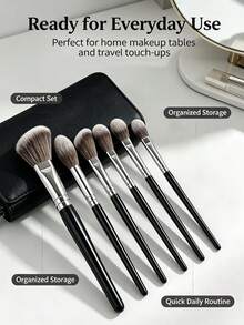 Professional 6pcs Face & Eye Makeup Brush Set, Soft Synthetic Bristle Makeup Brushes, Suitable For Foundation, Blush, Contour, Highlighter, Eyeshadow, Daily Makeup Tools - Black - View 4
