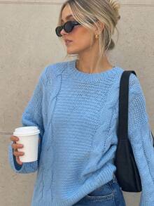 Women's Light Blue Round Neck Cable Knit Sweater, Loose Drop Shoulder Hollow Out Lazy Pullover Top, Autumn/Winter - Blue - View 3