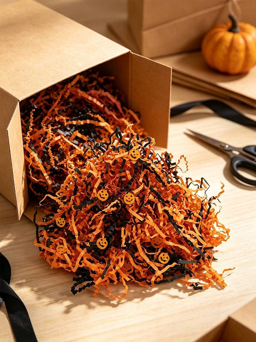 Halloween Gift Wrapping Shredded Paper, Crepe Paper Shreds Filler With Pumpkin Sequins, Crinkled Raffia Paper, Gift Box Filler, Gift Wrapping Material, Suitable For Halloween, Fragile Gift Protection, Halloween Gift Basket - Multiple Styles - View 1