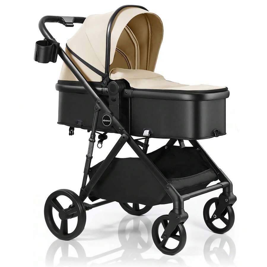 UBRAVOO 2-In-1 Baby Stroller – Foldable, Featuring A Reversible Seat, Canopy, Shopping Basket, And Cup Holder; Lightweight Design. - Khaki - View 1