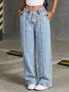 Plus Size Light Blue Washed Drawstring Elastic Waist Cropped Jeans With Front Vertical Seam Loose Wide Leg Casual Pants - Light Wash - View 3