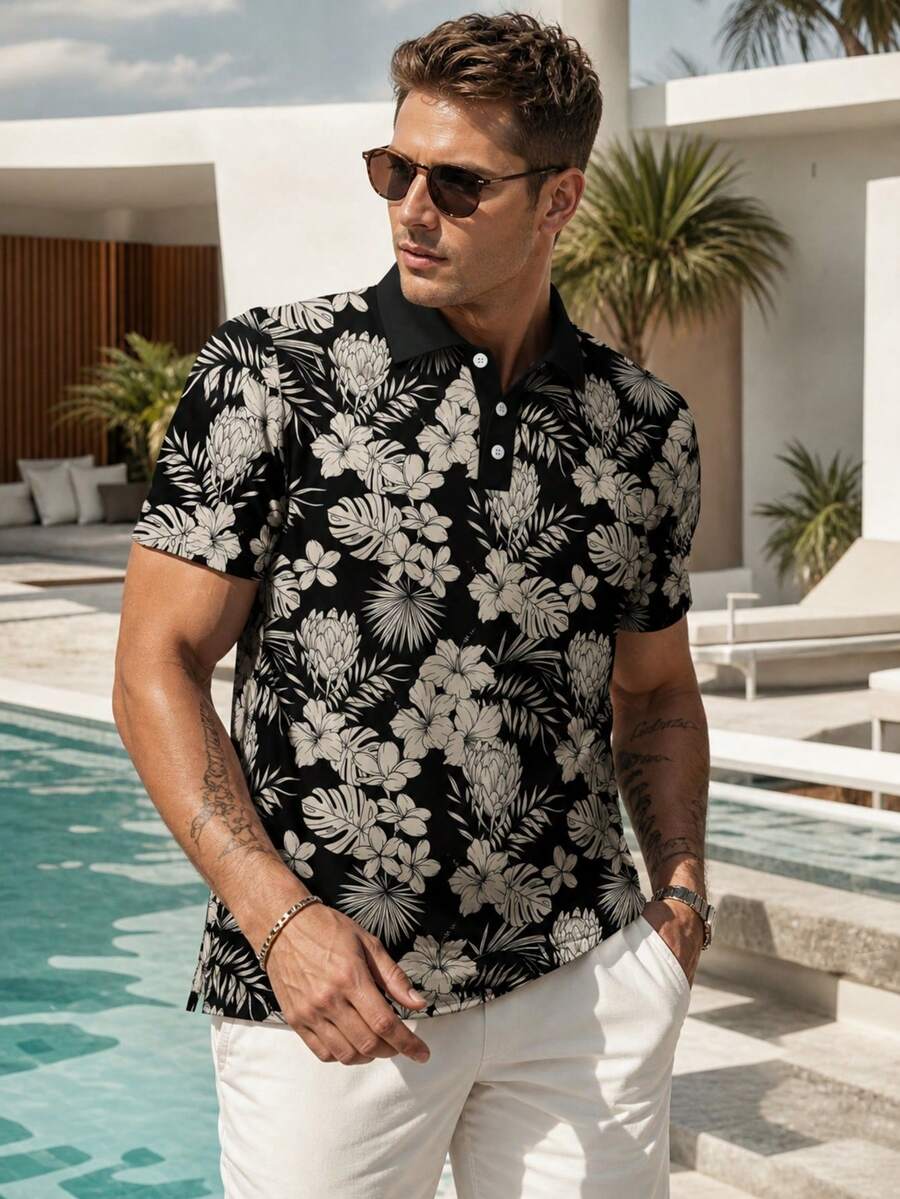Men's Casual Business Floral Print Short Sleeve Polo Shirt - Multicolor - View 1