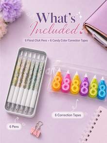12pcs Retractable Black Pens With Candy Color Correction Tape, 0.5mm Quick-Drying Black Ink, Exquisite Floral Design, Smooth Writing For Notebooks And Office Supplies, Back To School Stationery Pen Set School Supplies - A - View 5