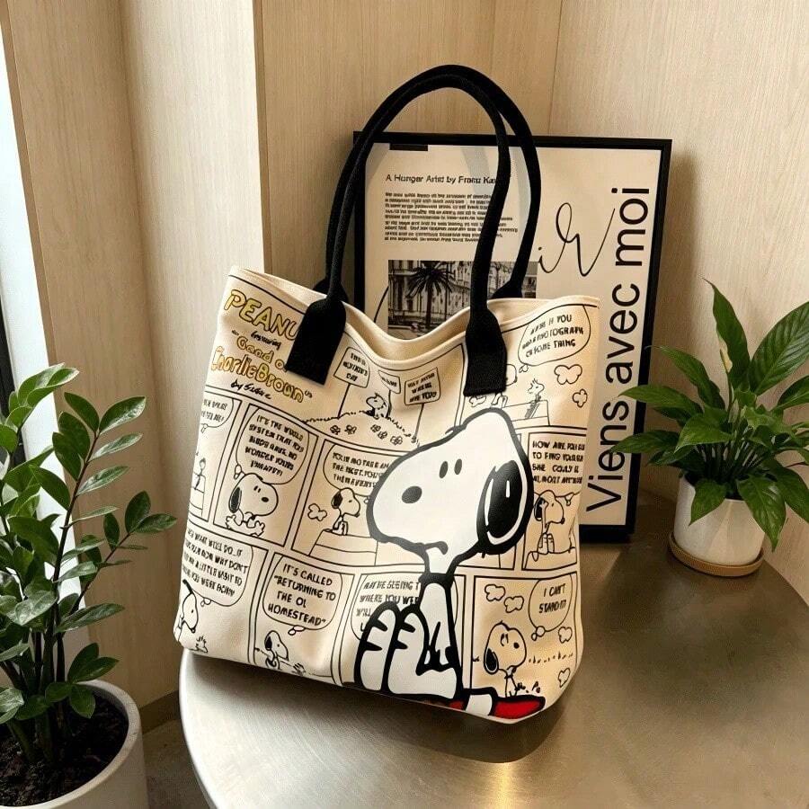 1pc Snoopy Comic Print Canvas Tote Bag, Large Capacity Shoulder Bag, Casual Daily Commute School Handbag, Perfect Gift For Birthday Valentine's Day Back To School Graduation - E - View 1