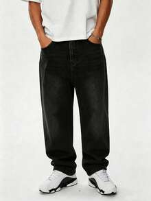 Men's Vintage Washed Distressed Casual Loose Straight Leg Jeans - Black - View 1