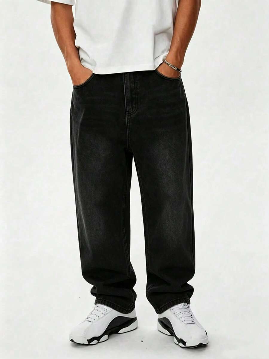Men's Vintage Washed Distressed Casual Loose Straight Leg Jeans - Black - View 1