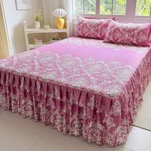 3pcs New Printed Ruffle Bed Skirt Set (Bed Skirt*1, Pillowcase*2, Pillow Insert Not Included) Bed Skirt Bed Cover Bed Sheet Mattress Protector Double Layer Ruffle Decor Cozy Room, Hot Selling Machine Washable, Multiple Sizes Available, All Season Use, Holiday Gift, Christmas Gift, Made In China - Rose Red - View 8