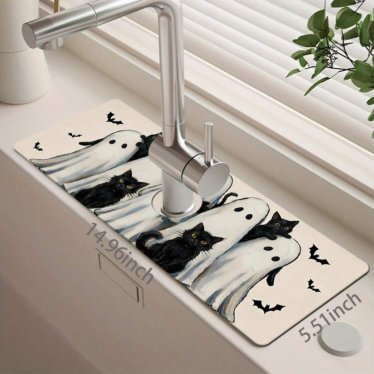 1pc Halloween Faucet Cover, Create Holiday Atmosphere, Bathroom Faucet Splash Guard, Halloween Ghost Pattern Faucet Pad, Kitchen Countertop Accessory, Kitchen Dining Table Accessory, Sink, Moisture-Proof Absorbent Pad, Absorbent Draining Pad, Halloween Multi-Function Absorbent Non-Slip Pad - Multicolor - View 12