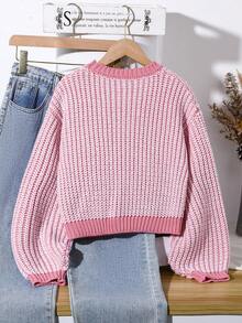Girls Pink Heart Pattern Knit Sweater, 3D Texture, Loose Fit, Round Neck, Lantern Long Sleeve, Sweet Casual Top For Autumn/Winter - Pink - View 2