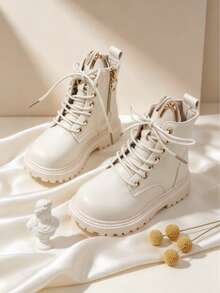 1 Pair Fashion Classic Lace-Up Boots With Metal Eyelets, Side Zipper, Workwear Style, Cute Cat Ear Design, Comfortable And Soft, Suitable For Daily Wear, Campus Commute, All-Season Versatile - Beige - View 8