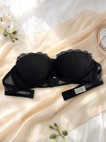 1pc Black Front Closure Lace Bandeau Bra, Push Up For Small Chest, Strapless Anti-Slip Bandage Bra With Transparent Shoulder Straps For Women - Black - View 6