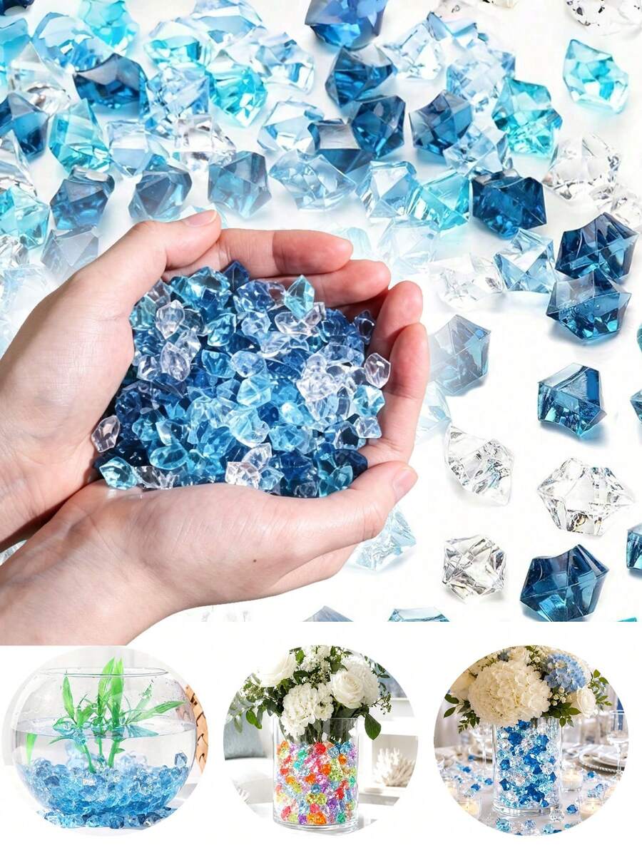 100顆混色粉色藍色與多色透明人造碎冰石，多色壓克力假水鑽碎冰塊，岩石水鑽水晶，假鑽冰塊，適用婚禮花瓶裝飾、花瓶填充物、攝影道具，1件裝