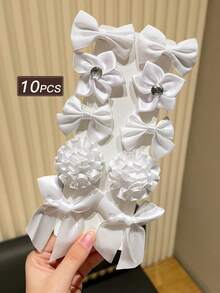 10pcs Pure White Bow Ribbon Hair Clips With Diamonds, Shiny Bow Flower Star Shaped French Style Alligator Hair Clips, Suitable For Party/Daily Wear Women's Small Hair Clips, Women's Hair Accessories, Women's Hair Decoration, Gift Recommendation - White - View 6