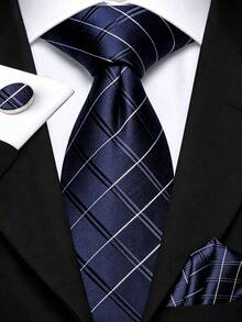 Men's Tie Set Classic Fashion Tie Set With Cufflinks, Suitable For Business Parties - Navy Blue - View 1