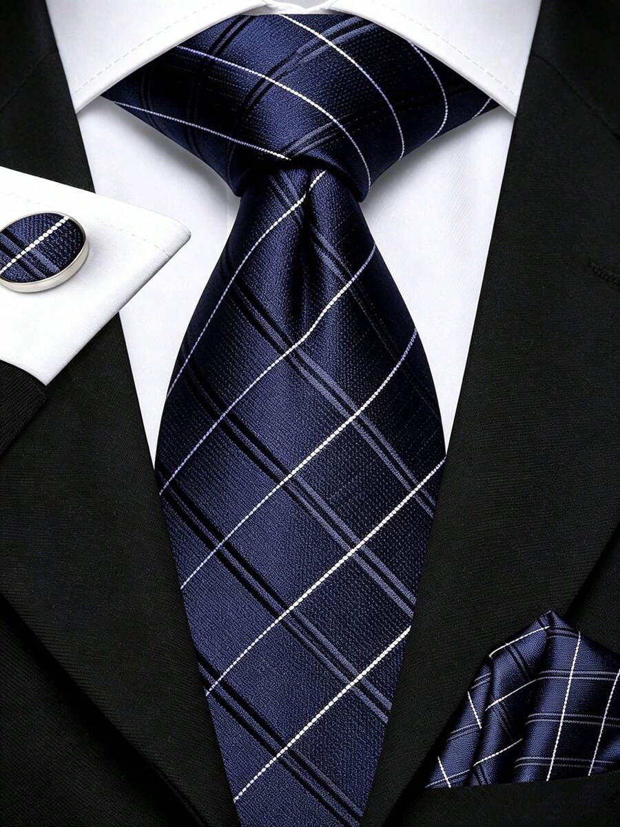 Men's Tie Set Classic Fashion Tie Set With Cufflinks, Suitable For Business Parties - Navy Blue - View 1