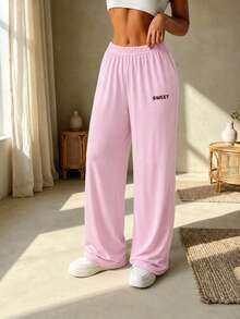 Fall Clothes Pants For Women Low Rise Wide Leg Sweatpants Letter Print Loose Fit Elastic Waist Lounge Pants Streetwear For Daily Travel Home Pink - Pink - View 4
