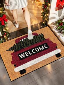 1pc Funny Christmas Red Truck Welcome Pattern Printed Doormat, Holiday Atmosphere Decor For Yard, Winter Outdoor Welcome Mat, Garden Decoration, Home Decor - Mustard Yellow - View 2