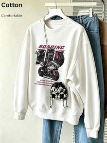 Oversized Women's Sweatshirt For Autumn/Winter, Casual Daily Wear, Long Sleeve Hoodie, Outerwear Top, Y2K, Letter Slogan Graphic, Unisex, Streetwear - White - View 2
