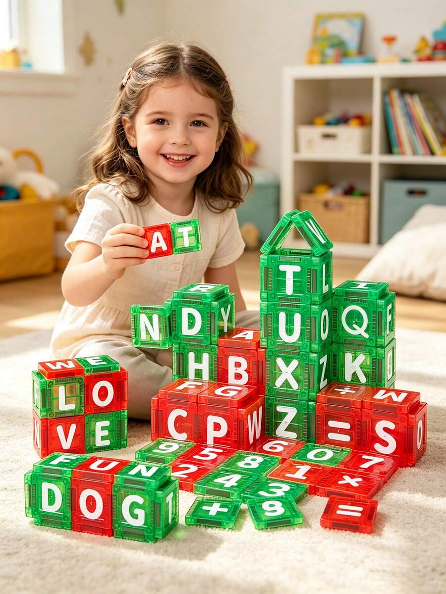 Mini Magnetic Blocks Learn Letters 56-Piece Magnetic Construction Set, Magnetic Toys,Number/Letter Education Theme,Magnetic Building Blocks For Children, Educational Magnet Toy Set Creativity Toy Gift For Kids Boys Girls(Suitable For Ages 3+) - Multicolor - View 1