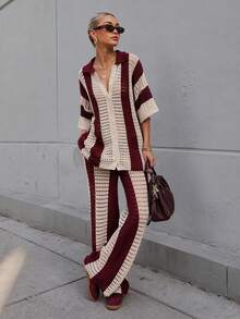 Women's Vintage Colorblock Vertical Striped Hollow Knit Set, Vacation Style Polo Collar Cardigan And Wide Leg Pants 2 Pieces Set - Multicolor - View 2