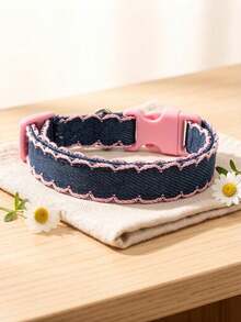 Fashion Pink Denim Pet Collar With Light Blue Ruffle Trim, Suitable For Outdoor And Indoor Use, Fit For Small And Medium Dogs, Dog Supplies, Cat Supplies - Pink - View 4