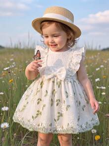 Baby Girls' Cute Round Neck Ruffle Trim Sleeveless Bow Decor A-Line Mesh Princess Dress, Fashion Versatile Sweet Elegant, Suitable For Daily, Party, Outing, Spring/Summer - Apricot - View 3