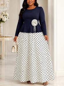 Elegant Plus Size Colorblock 2-Piece Set, Long Sleeve Ruffle Top With 3D Rose Polka Dot A-Line Maxi Skirt, Formal Outfit For Church And Wedding Guest - Navy Blue - View 9