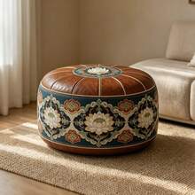 Chinese Lotus Embroidery Round Soft Ottoman, Vintage Faux Leather Padded Floor Stool, Traditional Floral Embroidery Decoration, Multi-Purpose As Extra Seating, Footstool, Coffee Table, Suitable For Living Room, Tea Room And Meditation Space - Multicolor - View 8