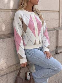 Cardigan Rajut Argyle Vintage Wanita, Lengan Panjang, Desain Detail Kancing, Sempurna untuk Dipakai di Musim Gugur/Musim Dingin. - MultiWarna - View 4