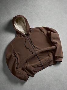 Men's Mocha Brown Thermal Lined Zip-Up Hoodie, Loose Fit Textured Stripe Drawstring Kangaroo Pocket, Suitable For Winter Daily Casual And Commute - Grey - View 1