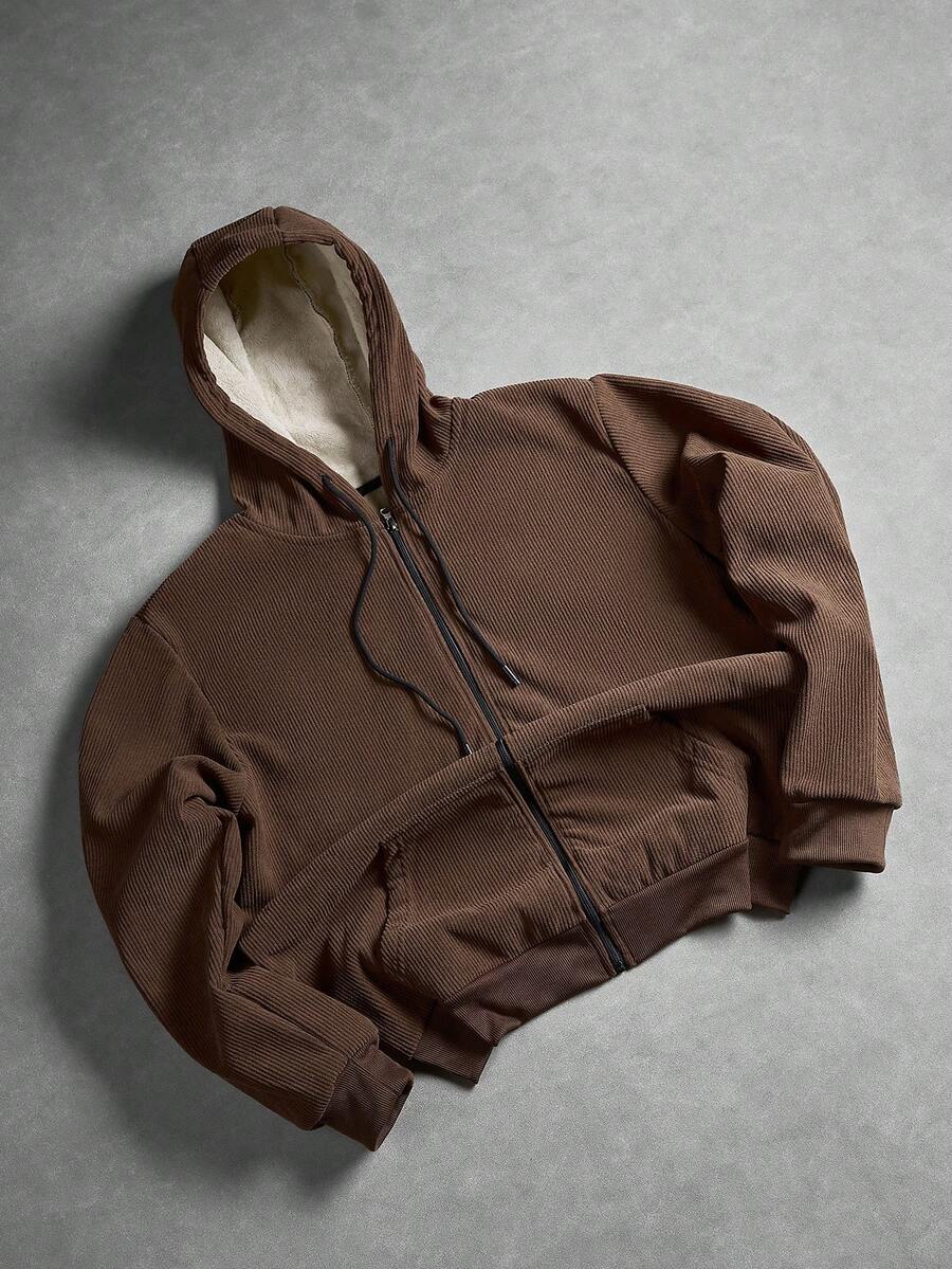 Men's Mocha Brown Thermal Lined Zip-Up Hoodie, Loose Fit Textured Stripe Drawstring Kangaroo Pocket, Suitable For Winter Daily Casual And Commute - Grey - View 1