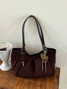 1pc Minimalist Vintage Solid Color Large Capacity Shoulder Bag Casual Lightweight Daily Tote Bag (Without Pendant) - Multicolor - View 10