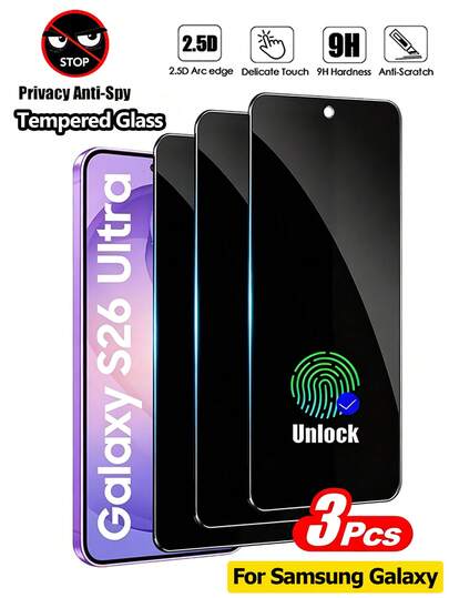 RQVQJ 3Pcs Privacy Full Screen Tempered Glass Protector Protect Screen Full Screen Phone Protective Film Compatible With Samsung Galaxy A04 A14 A05 A15 A25 A06 A16 A26 A17 S26 S25 S24 Plus Ultra S21 S22 S23 + Plus S21+ S22+ S23+ S24+ S25+ S26+ Anti-Spy Clear Protective Cover Glass Film Ultrasonic Fingerprint Unlocking