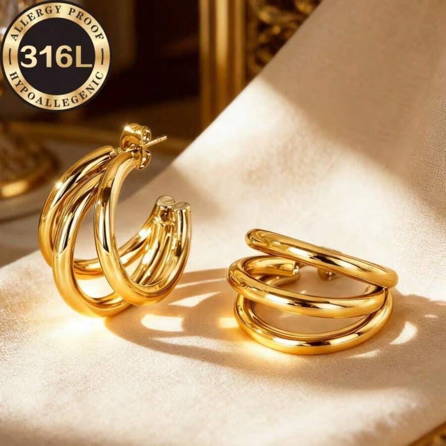金色低過敏不鏽鋼耳環,高耐褪色,舒適優雅,適合日常配戴的女士耳環,珠寶飾品配件 - Golden - A - 查看 1