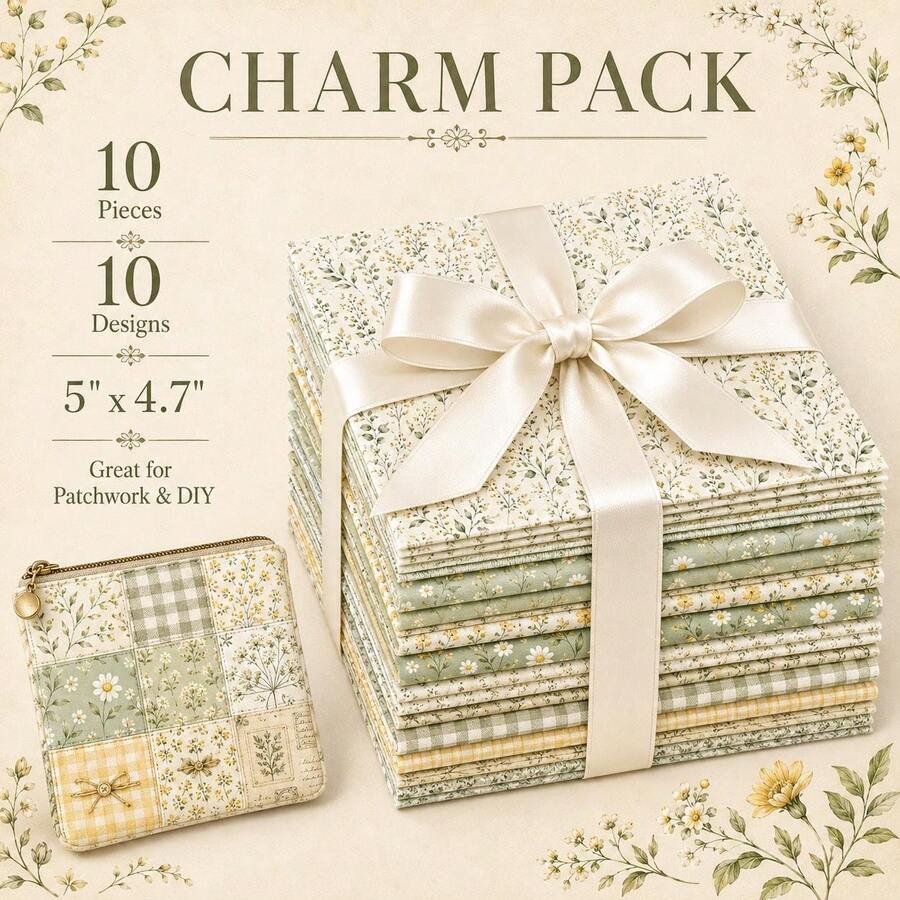 10pcs Green Floral Pattern 100% Polyester Patchwork Applique, 10 Design Styles, No Cutting Needed, Directly Sewable, Suitable For Patchwork Wallet Making, Gift Giving, Tote Bags, Coaster DIY Craft Projects - Default - View 1