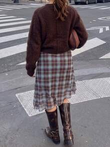 Women's Brown Plaid Chiffon Skirt | Ruched Waist Asymmetrical Multi-Layered Skirt - Multicolor - View 6