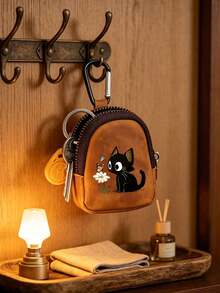 Cute Black Cat Daisy Butterfly Print Mini Zipper Coin Purse With Carabiner, Portable PU Leather Earbud Storage Bag, Small Key Card Wallet - Multicolor - View 8