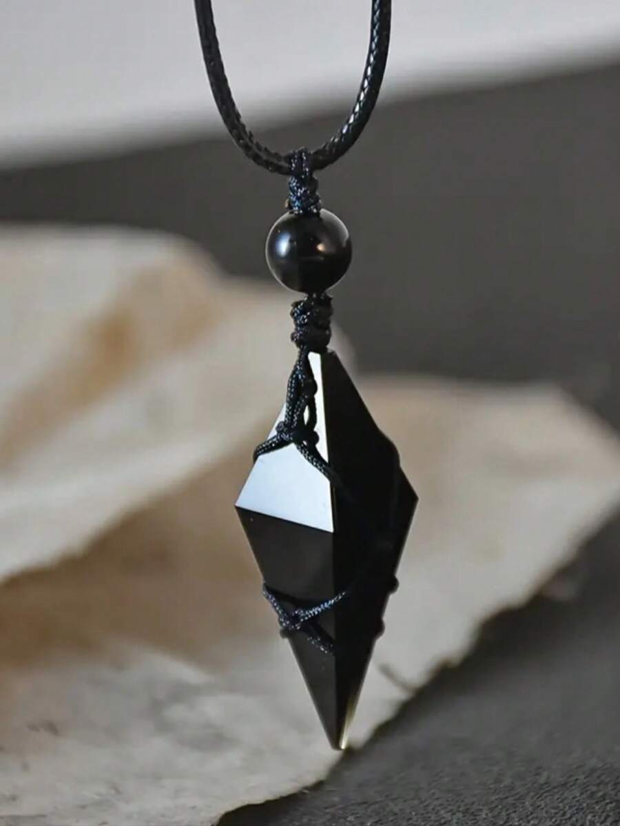 Eterna Glow 1 pieza Collar con colgante de doble punta de obsidiana negra vintage, collar de cristal curativo con cordón tejido a mano, joyería de estilo gótico de bruja, unisex - collar - Ver 1