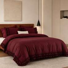 3pcs Skin-Friendly Soft Comfortable Burgundy Double Layer Ruffle Edge Duvet Cover Set (1*Duvet Cover + 2*Pillowcases, No Fillers), French Country Style, Lady Style, Girly Style, Bohemian Rural Style, Suitable For Bedroom, Guest Room, Boys And Girls Bedding, Machine Washable, All Season Use - Burgundy Solid Color - View 10