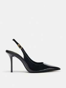 New Women's Black Patent Leather Pointed Toe High Heels With Fashion Metal Buckle Decor - Black - View 3